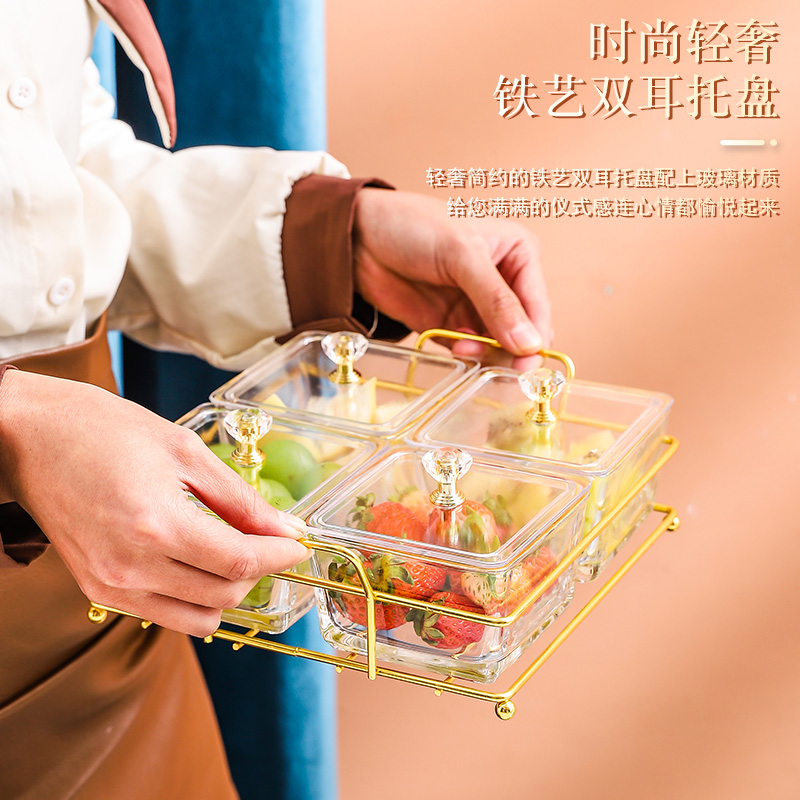 Glass snacks fruit tray Fruit basket Home Fruit Lasha dry fruit sauces Sub-lattice with lid Candy Snack Tray Refreshment Bowls