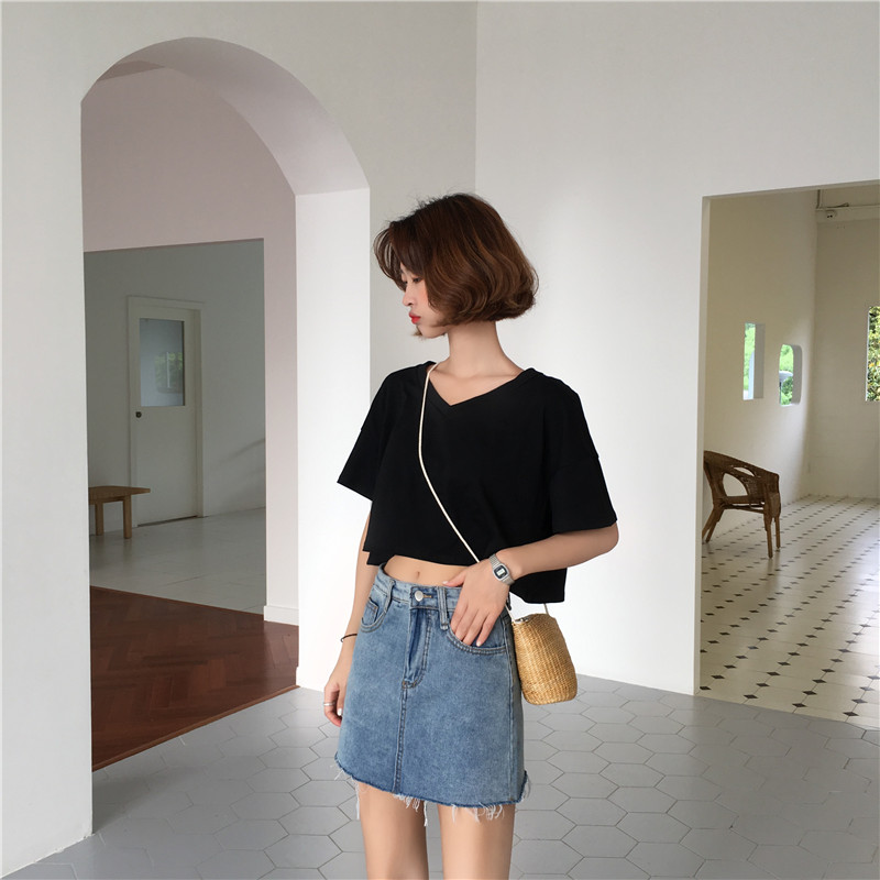 Hồng Kông phong cách retro một từ váy eo cao nữ 2019 phổ biến mùa hè denim váy ngắn chống sáng quần váy bước váy - Váy chân váy xếp ly dài cho người thấp