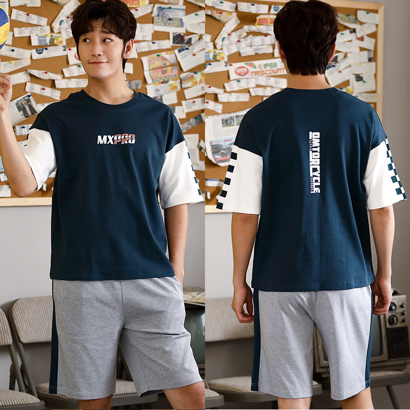 Casual Thư Pyjama Mens Summer bông ngắn tay áo Slim Teen Student Sourcotton Home Mang Set ngày.