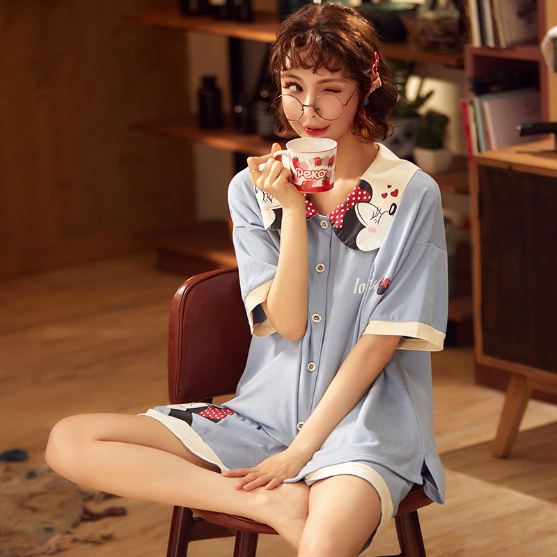 Bộ đồ ngủ womens mùa hè bông mỏng ngắn tay quần áo nhà phù hợp với mùa hè Yangqi 2020 mới in mới thời trang.