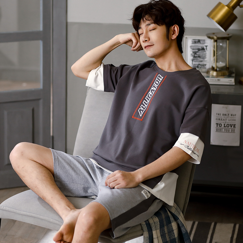 Casual Thư Pyjama Mens Summer bông ngắn tay áo Slim Teen Student Sourcotton Home Mang Set ngày.