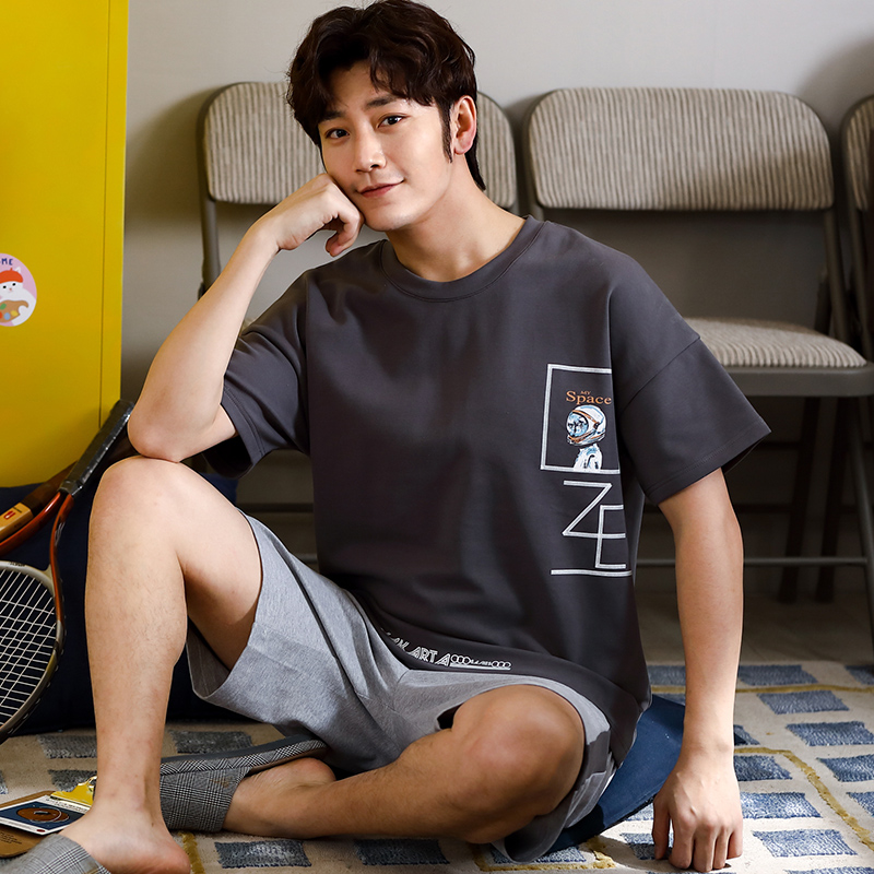 Casual Thư Pyjama Mens Summer bông ngắn tay áo Slim Teen Student Sourcotton Home Mang Set ngày.