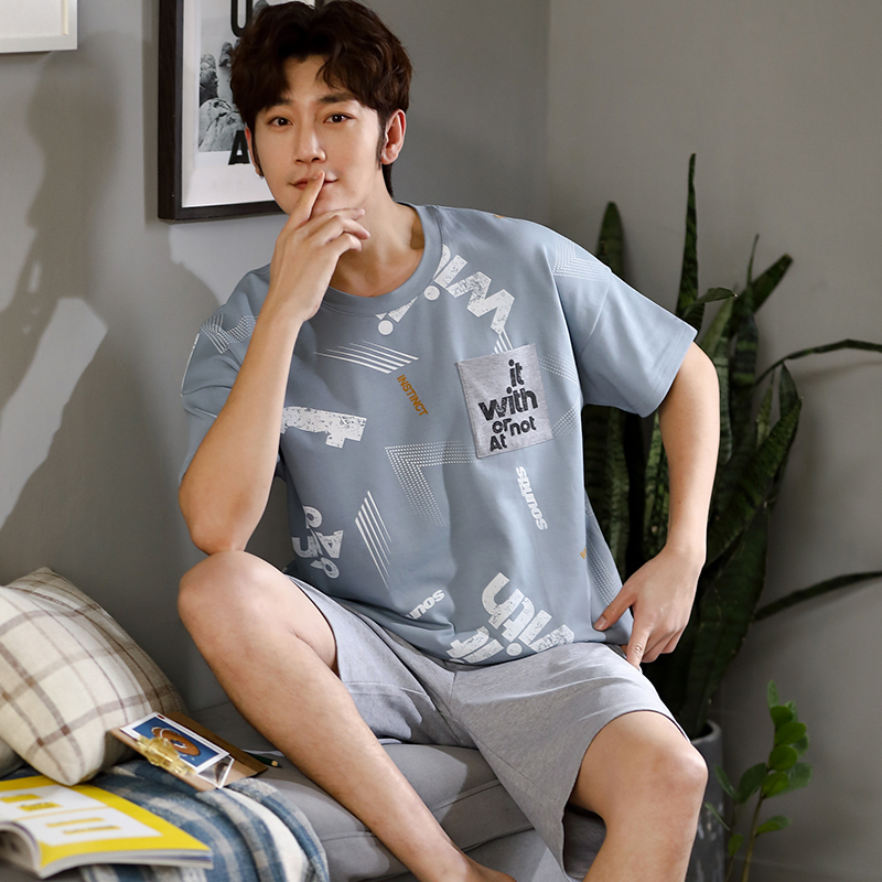 Casual Thư Pyjama Mens Summer bông ngắn tay áo Slim Teen Student Sourcotton Home Mang Set ngày.