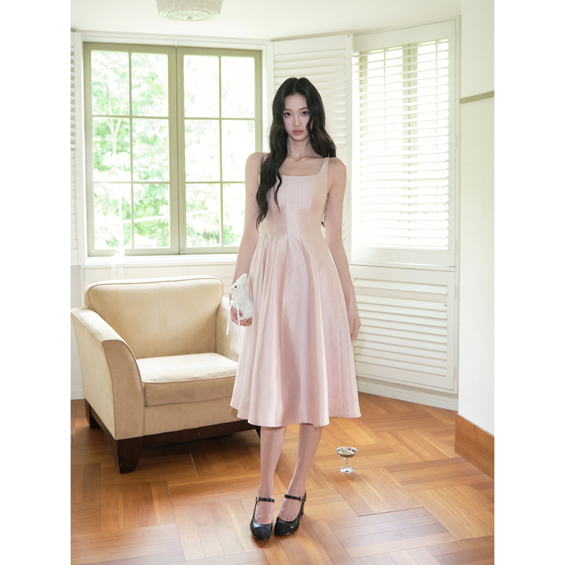 Avenement/Lyocell Square-Neck Suspender Dress Sleeveless Waist-Cinching A-Line Skirt Mid-Length Skirt for Women Summer