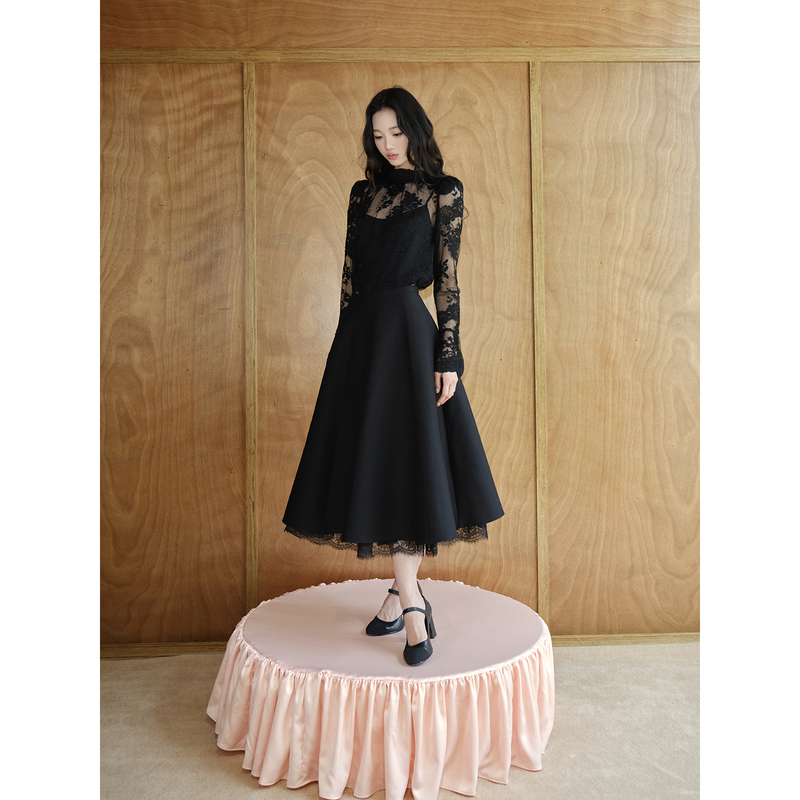 Avenement/French Lace Mesh Base Shirt with Half-High Collar, Long Sleeves, Elegant Inner Layering Top/Shirt for Women
