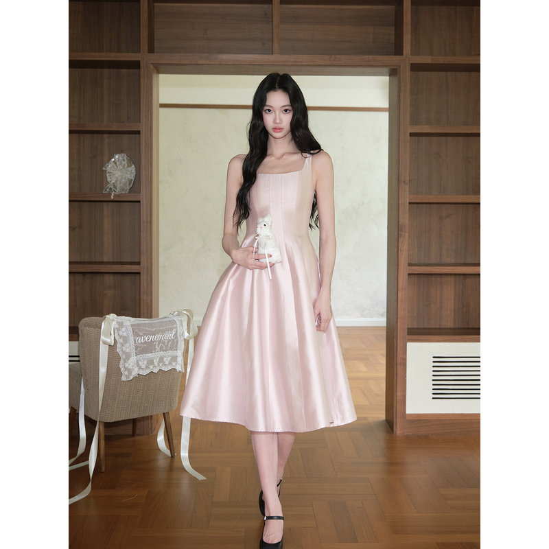 Avenement/Lyocell Square-Neck Suspender Dress Sleeveless Waist-Cinching A-Line Skirt Mid-Length Skirt for Women Summer