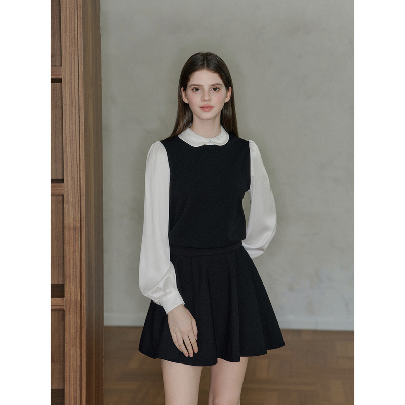 Avenement/Fake Two-Piece Knitted Vest Shirt/Acetate Patchwork Long-Sleeve Top with a Peter Pan Collar for Women in a Preppy Style Avenement/Fake Two-Piece Knitted Vest Shirt/Acetate Patchwork Long-Sleeve Top with a Peter Pan Collar for Women in a Preppy Style