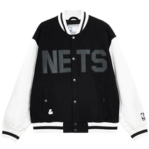 Jack Jones NBA co-branded Nets autumn mens baseball collar jacket with contrasting colors and different materials splicing jacket