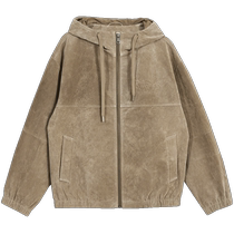 Jack Jones Autumn Mens Jacket Loose Hooded Pig Split Leather Lettering Stamped Elastic Cuff Jacket