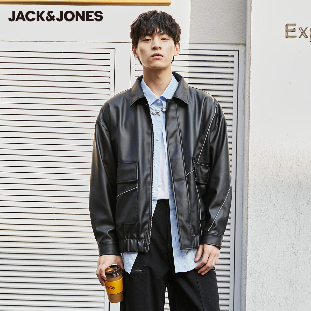 Jack Jones autumn and winter clothes new men's loose tide top clothes PU leather jacket jacket INS Korean style bag