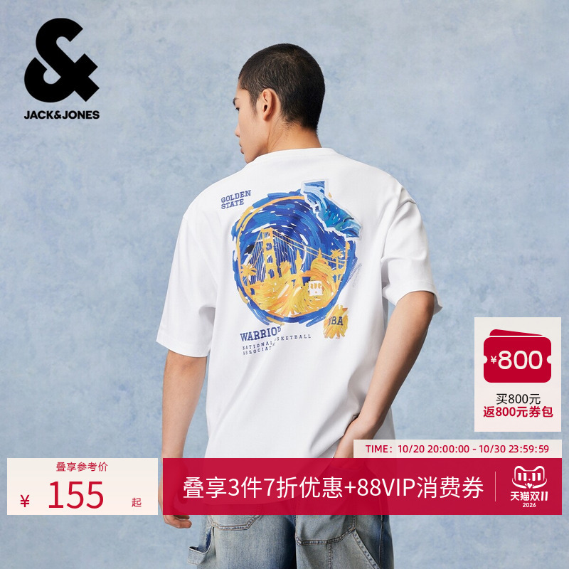 [Nba Co-Branded Warriors Team] Jack Jones Men's Summer Short-Sleeved T-Shirt Top Round Neck Cotton 226201021