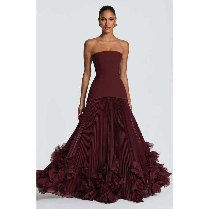 European and American Style Sexy Strapless Dress with Three-Dimensional Floral Appliqué, Large Pleated Skirt, Long Dress for Women, Party, Bridesmaid, Toast Dress