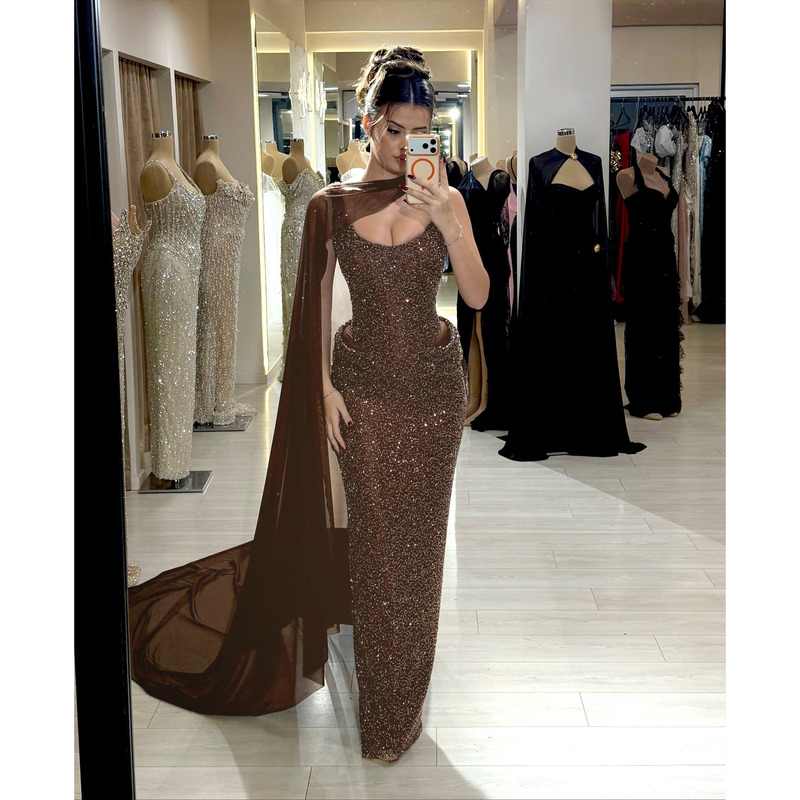 European and American Style Sequined Brown Evening Dress for Women, Slim Fit Fishtail Dress, Banquet Tulle Design, Stage Floor-Length Dress European and American Style Sequined Brown Evening Dress for Women, Slim Fit Fishtail Dress, Banquet Tulle Design, Stage Floor-Length Dress