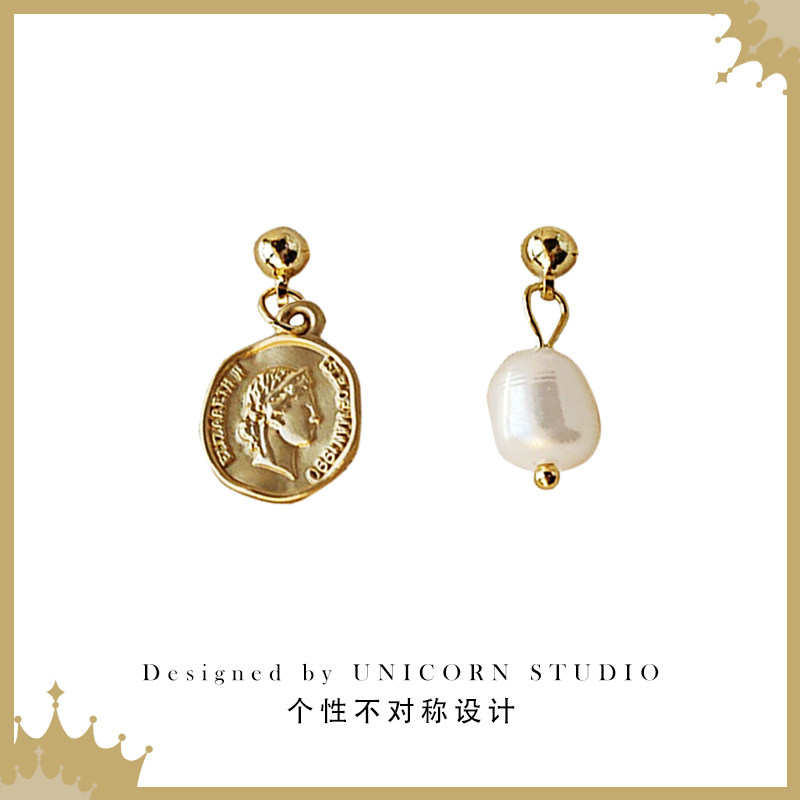 Retro baroque natural pearl earrings personality asymmetric embossed portrait gold coin earrings temperament all-match earrings