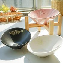 Wooden frame oblique mouth bowl Pet ceramic bowl Protection cervical spine single bowl Dog bowl Cute cat bowl Ceramic cat bowl Cat supplies