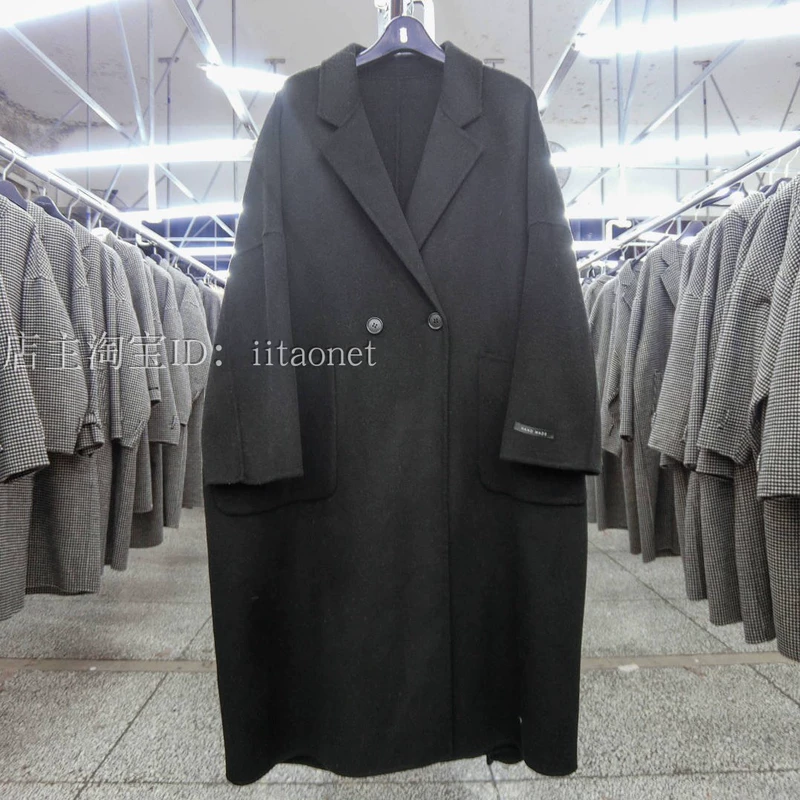 Hàn Quốc khâu tay hai mặt áo cashmere lỏng thắt lưng túi lớn túi lớn áo len dài nữ - Accentuated eo áo