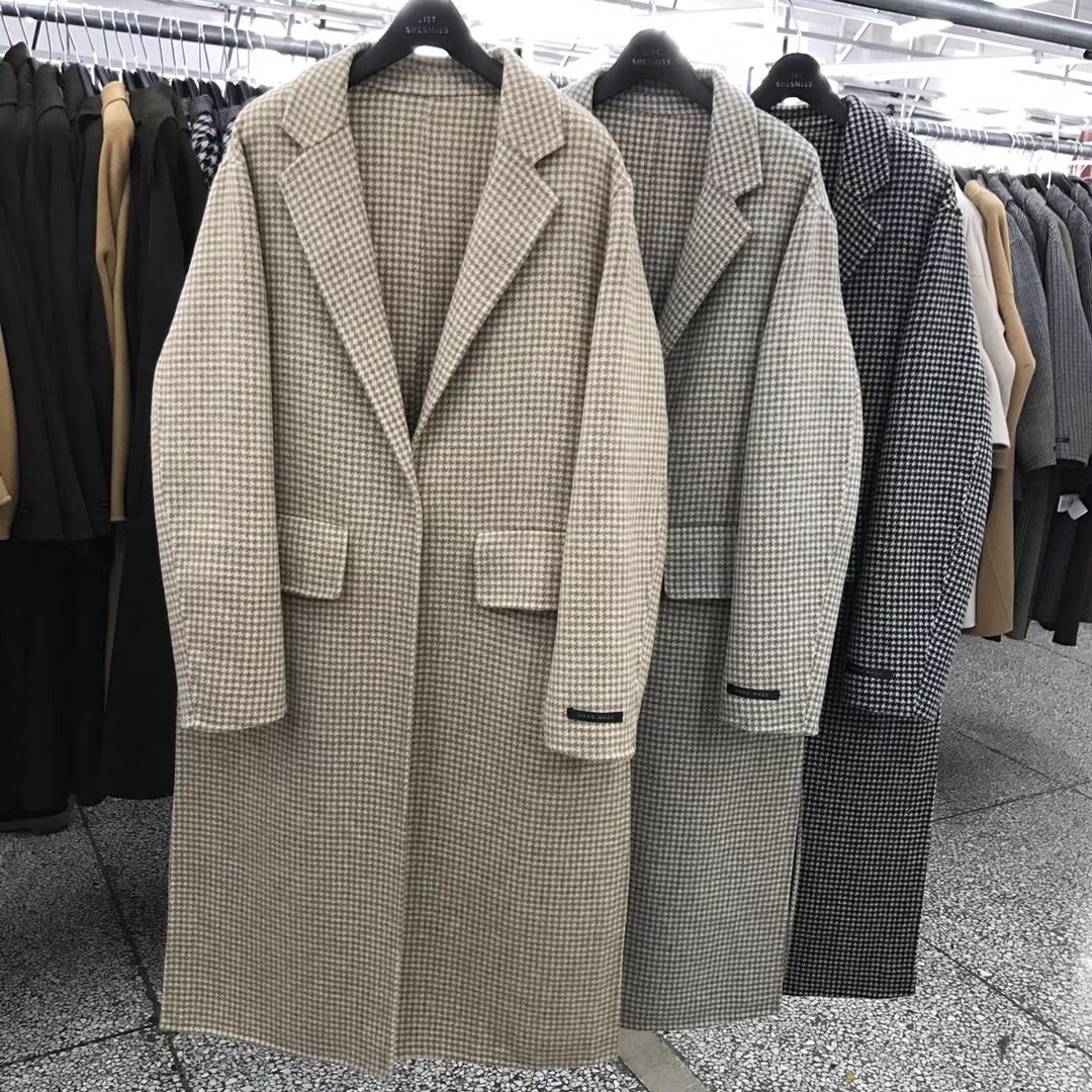Phiên bản Hàn Quốc của áo len lông cừu houndstooth cổ điển lông cừu cashmere khâu tay lưới mắt chia đôi áo khoác nữ lớn áo khoác cardigan nam