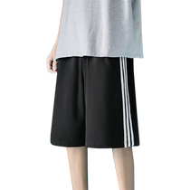 Striped sports shorts mens summer ice silk thin quick-drying loose pants breathable black all-match mid-pants