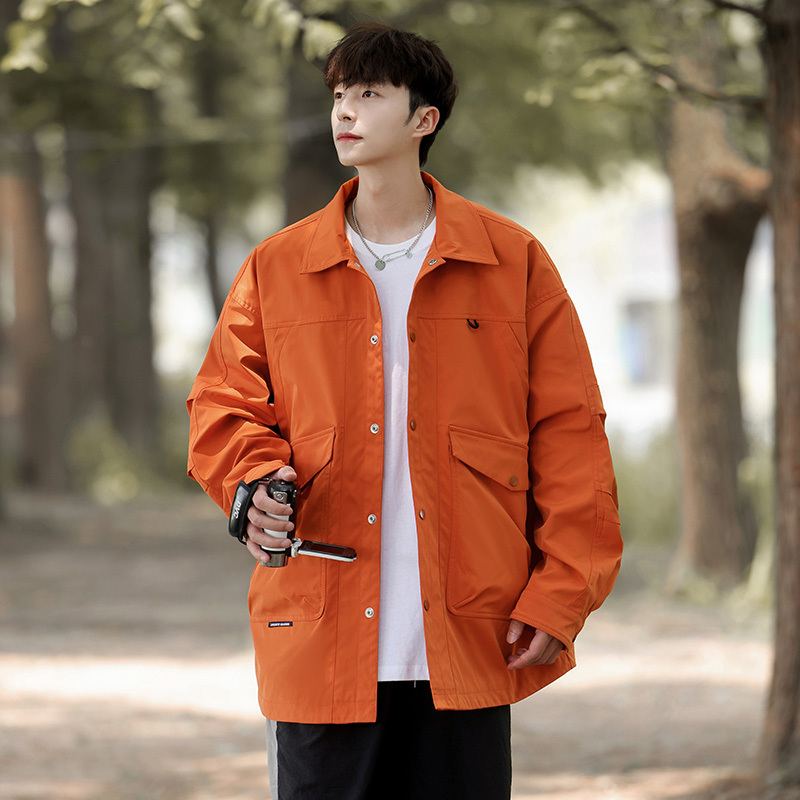 American-Style Lapel Jacket Men's Coat Spring and Autumn 2024 New Trendy Brand Loose Cool High-End Orange-Red Top