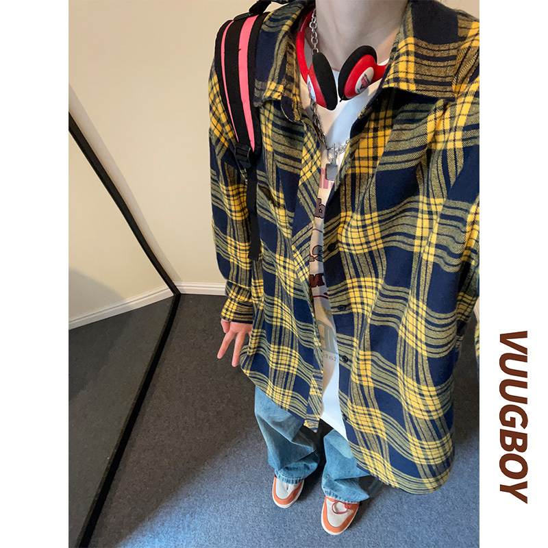 Cleanfit Yellow and Blue Plaid Shirt Men's Long-Sleeved Spring and Autum New Loose Casual Boys' Plaid Shirt Jacket Cleanfit Yellow and Blue Plaid Shirt Men's Long-Sleeved Spring and Autum New Loose Casual Boys' Plaid Shirt Jacket