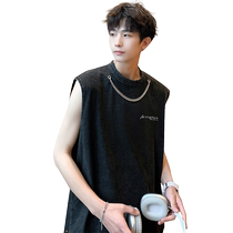 American high street vest mens summer heavyweight loose casual sleeveless T-shirt washed and distressed waistcoat top with necklace
