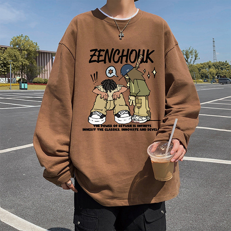 Pure cotton long sleeve T-shirt for men's autumn and winter 2023 new American tide cards for the bottom-shirt round collar big code sweatshirt-Taobao