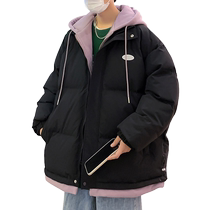 Down cotton coat mens 2023 winter new fake two-piece hooded thickened loose cotton coat jacket oversize bread coat