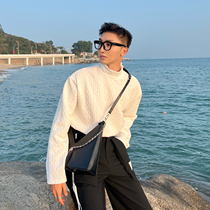 JY light ripened mens clothing white half height collar long sleeve bottom shirt 2022 spring casual loose t-shirt Chains