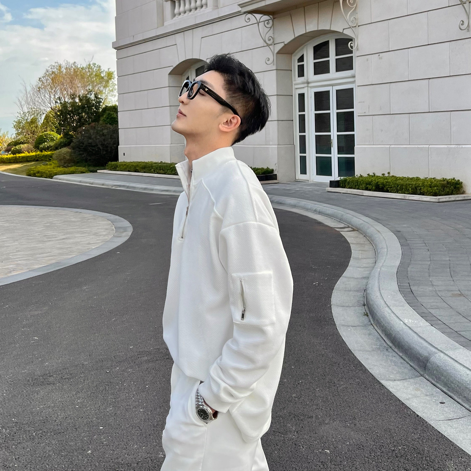 JY light familiar men's solid color stand-up collar half zipper half turtleneck sweater hoodless pullover spring new casual top