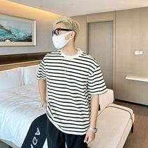 JY light ripened mens dress striped short sleeve T-shirt man 2022 new summer Korean version round collar 100 lap casual loose jacket