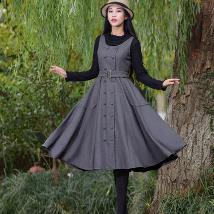 五千锦绣复古双排扣羊毛呢背心裙秋冬无袖连衣