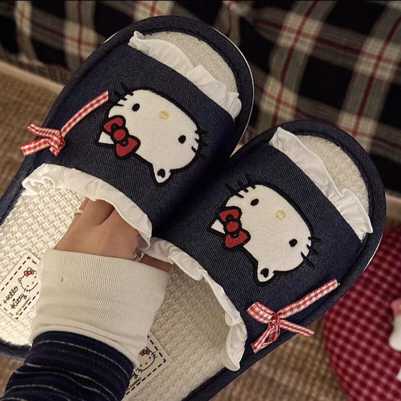 Hellokitty Linen Slippers for Home Indoor Cute Thick-Soled Non-Slip Slippers Dormitory Deodorant All-Season Women's Shoes