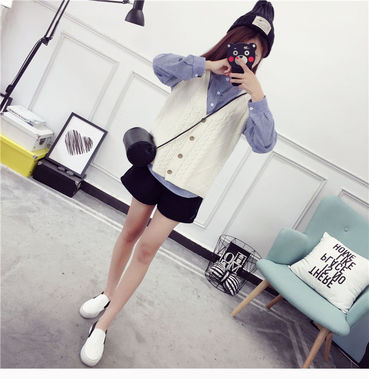 Mùa xuân 2017 mới Hàn Quốc phiên bản áo len dệt kim đan len nữ cổ chữ V ngắn không tay áo len vest vest áo ấm