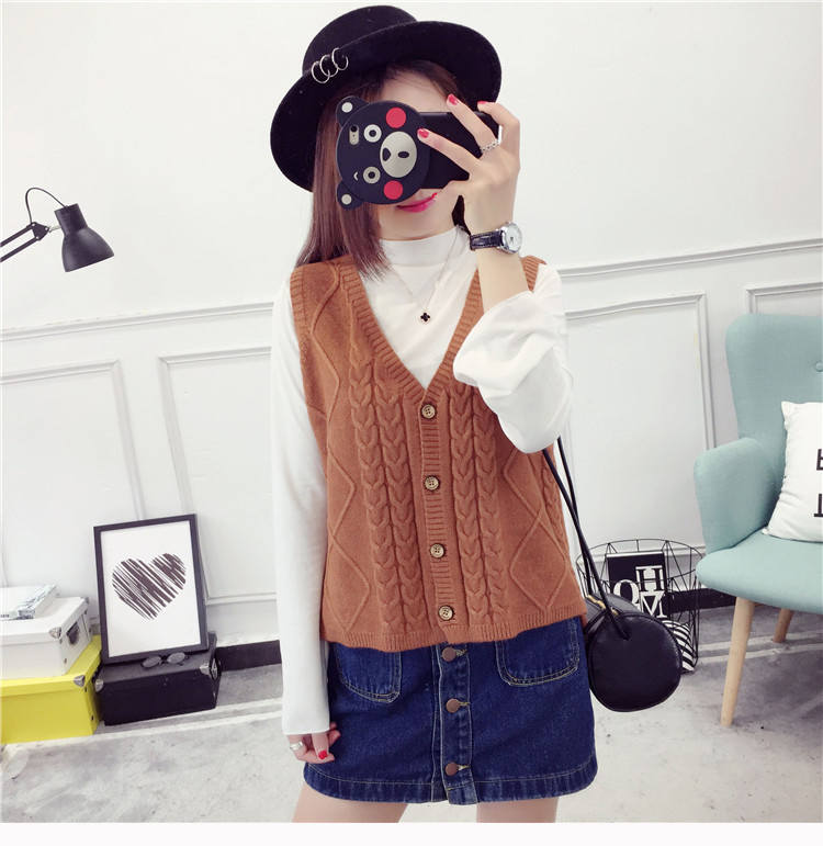 Mùa xuân 2017 mới Hàn Quốc phiên bản áo len dệt kim đan len nữ cổ chữ V ngắn không tay áo len vest vest áo ấm