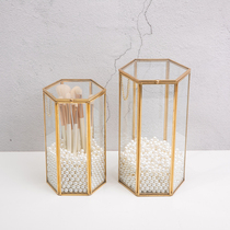 Six-sided Nordic brass glass makeup brush storage tube clamshell dustproof makeup brush bucket princess girl home decoration