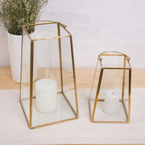 Nordic retro copper frame windproof trapezoidal glass flower room portable candle holder wind lamp creative dining table wedding decoration box