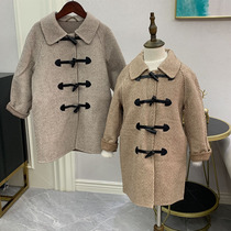 Autumn-winter children in the middle of a two-sided cashmere wool coat girl streaks large cloak and sheep corner buttoned with wool outerwear