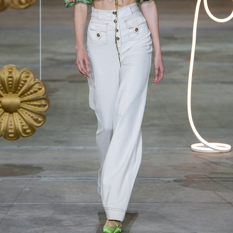 White Denim Cotton Wide-Leg Pants for Women, High-Waisted, Stylish, Casual, European and American Style, Slimming, Fashionable, and Flattering