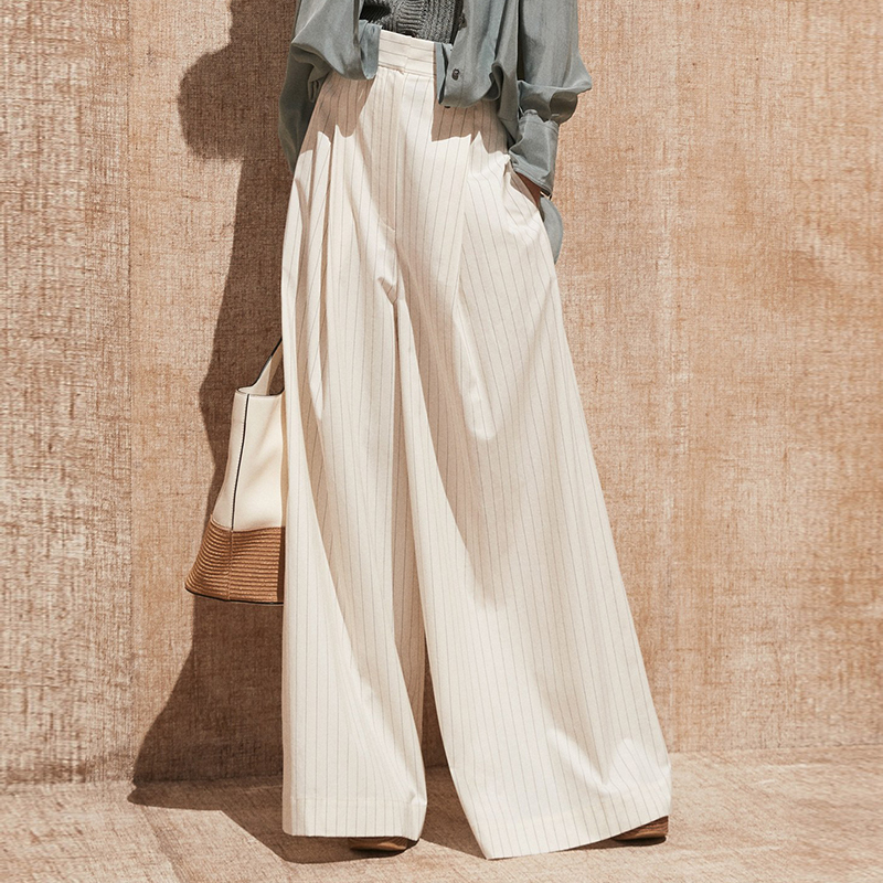 Women's Drapey Design Pants ins Trendy Casual Pants Loose High-Waisted White Oversized Wide-Leg Striped Pants