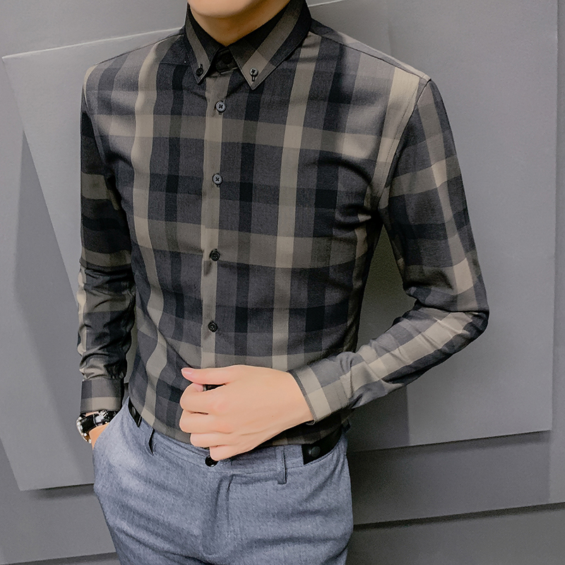 Hong Kong Plaid Shirt Han Edition Trend Handsome with a men's jacket Chauded with a new casual collared long sleeve shirt