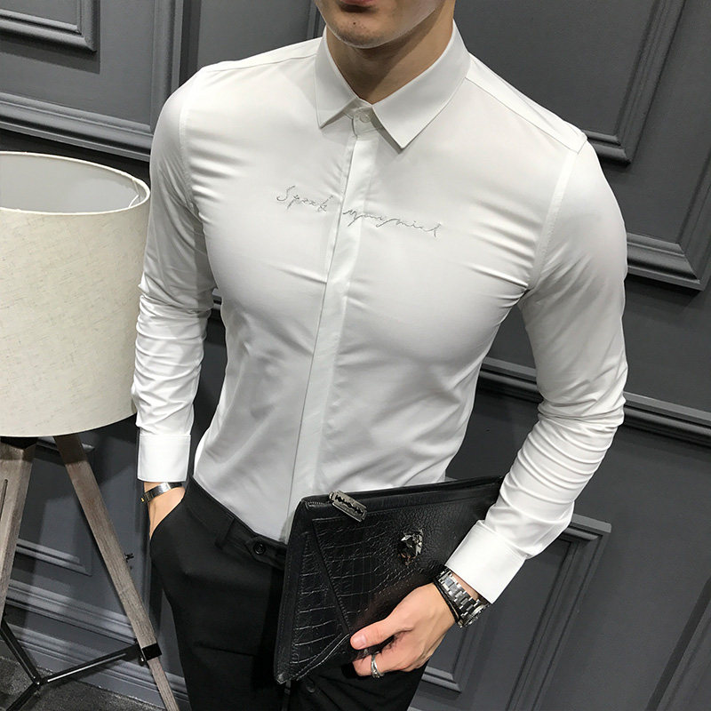 Hong Kong Tide Cards New Embroidered Korean Version Men's Clothing Body Long Sleeves Shirt Elastic Youth Fashion Shirts Individuality Casual