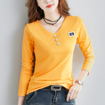 2021 Autumn New Korean solid color v collar long sleeve T-shirt ladies cotton slim slim base shirt womens coat