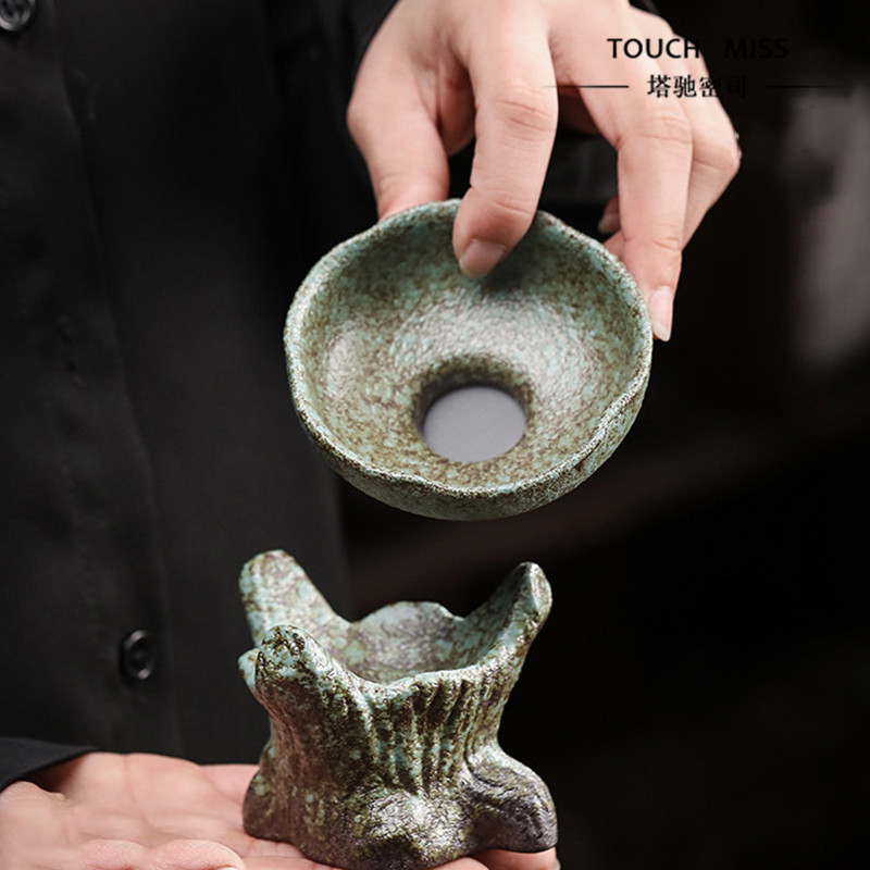TOUCH MISS Japanese coarse pottery tea set Spring dead wood Bluestone glaze tea set Retro tea leak tea filter