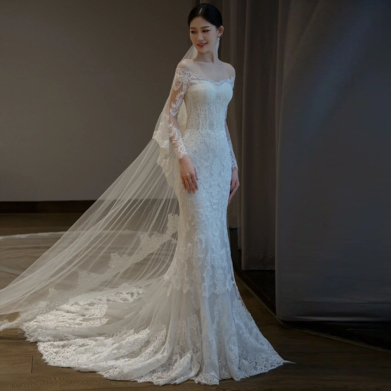 Face-lined Shoulder Light Wedding Dresses Bridal Light Extravagant Advanced Sensory Lace Long Sleeves Small Trailing out of the Dress Fish Tail Gown Skirt-Taobao