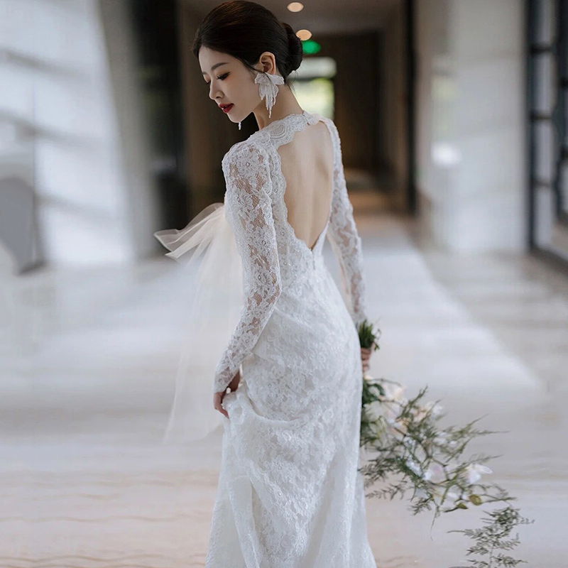 French-Style Light Wedding Dress 2026 New Model Bride High-End Small Train Long-Sleeve Lace Bridal Gown Super Fairy Fishtail Dress