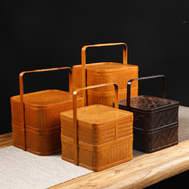 竹编复古带盖仿古食盒 中式多层提篮便携收纳筐 结婚篮子月饼礼盒