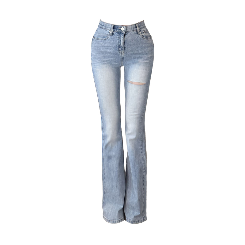 Roki Flower Three-Piece Set, Effortless Beauty Style, Light Blue Ripped Pure Desire Flared Jeans with Hip-Enhancing Effect