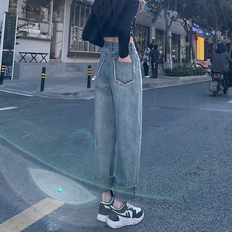 High waist jeans Women 2022 Spring new small sub loose slim straight drum retro with broad leg tide