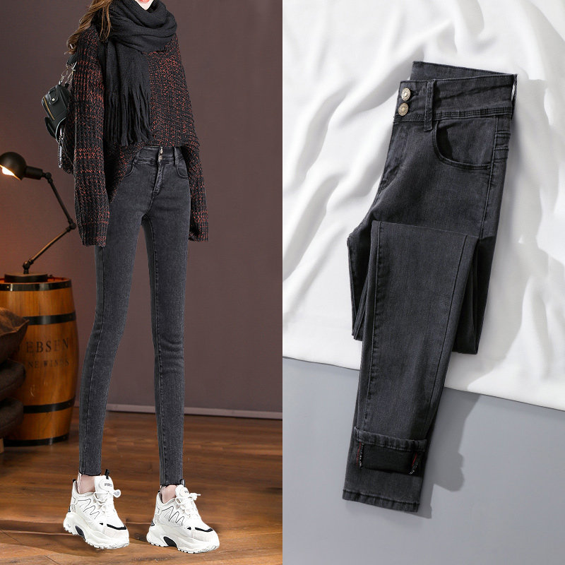 mularsa small-footed denim KU woman 2021 autumn winter new high waist double and gush slim fit pencil KU sub
