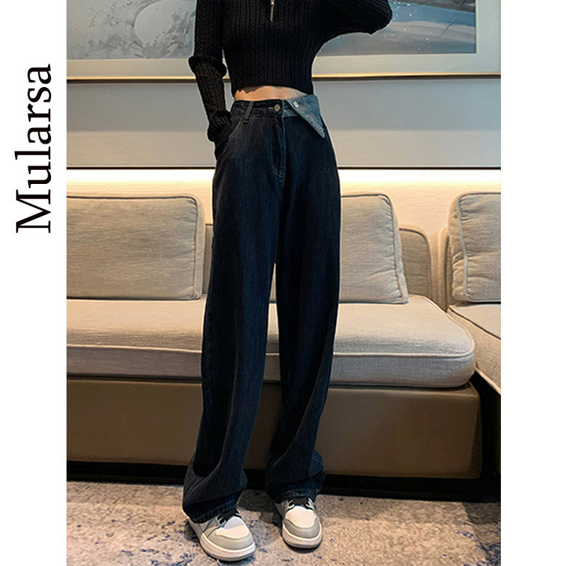 High waist straight cylinder jeans woman 2021 autumn fit new design sense loose and thin irregular plus suede broadleg pants